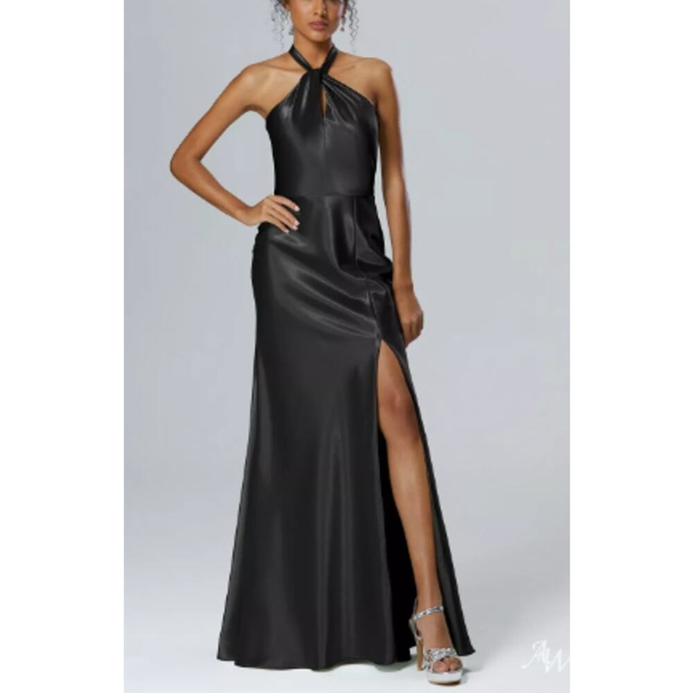 AW BRIDAL 2 XS black Lawrence Satin crystal Bridesmaid formal Maxi Dress B82